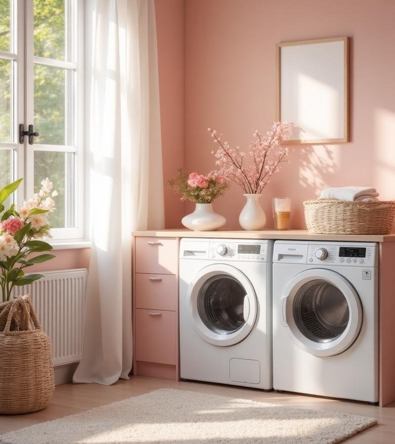 Laundry room with neatly arranged baskets